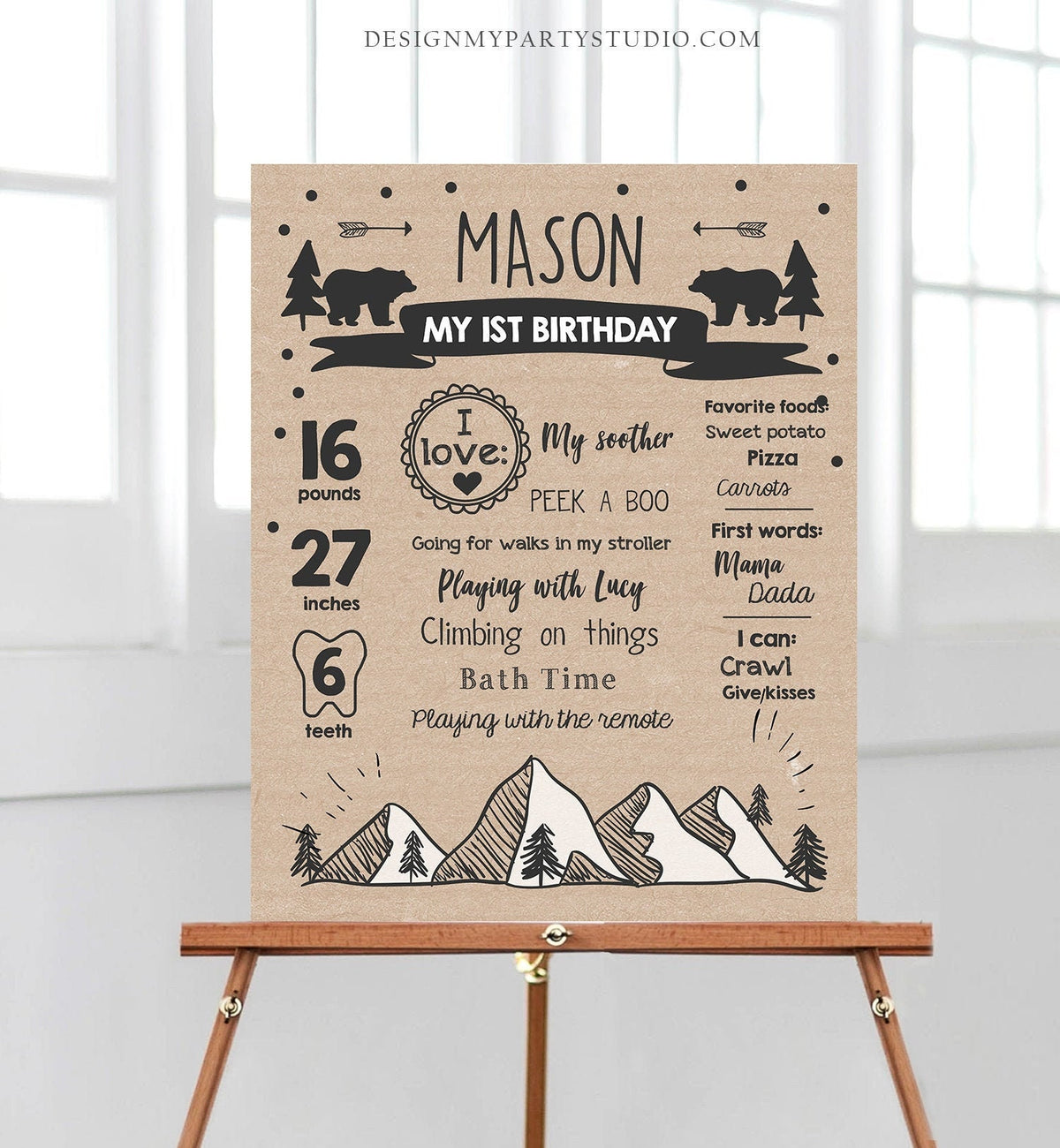 Editable Wild Adventure Birthday Milestones Sign Wild One First Birthday 1st Boy Onederful Wild Adventure Bear Corjl Template Printable 0083