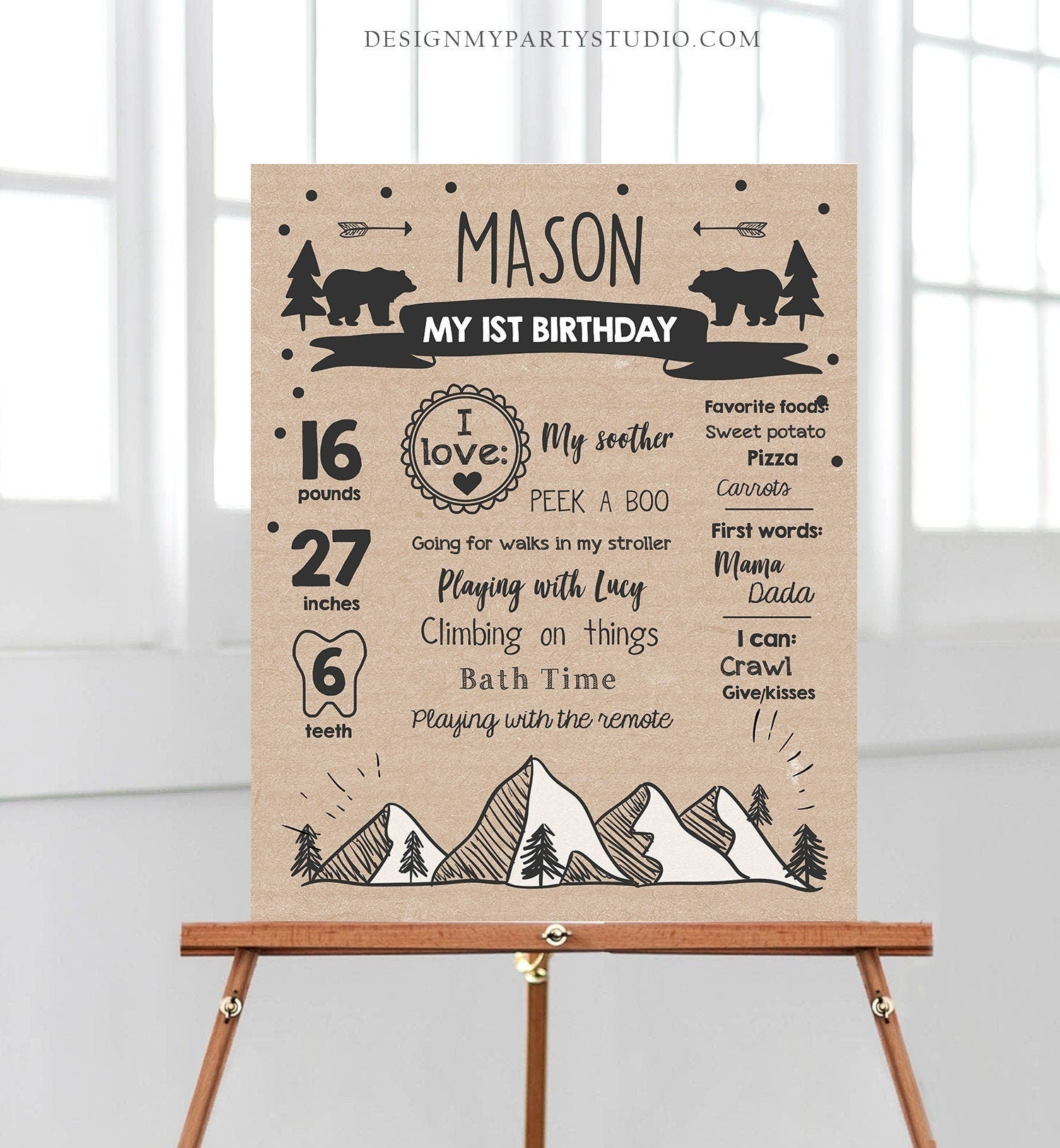 Editable Wild Adventure Birthday Milestones Sign Wild One First Birthday 1st Boy Onederful Wild Adventure Bear Corjl Template Printable 0083