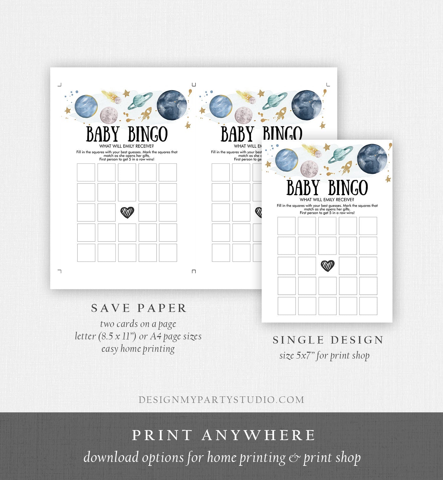 Editable Baby Bingo Space Baby Shower Game Outer Space Planets Houston Boy Rocket Neutral Shower Activity Digital Template Printable 0357