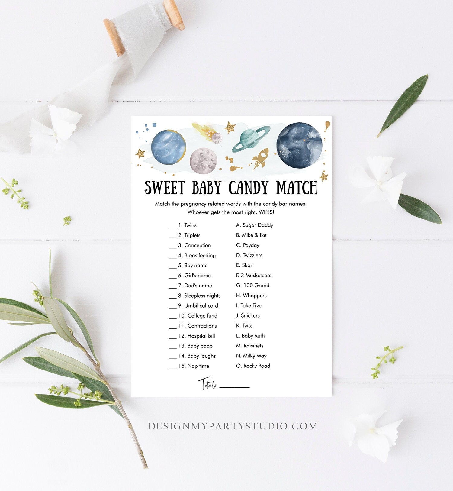 Editable Candy Match Baby Shower Game Outer Space Planets Houston We Have a Boy Rocket Gold Neutral Activity Corjl Template Printable 0357