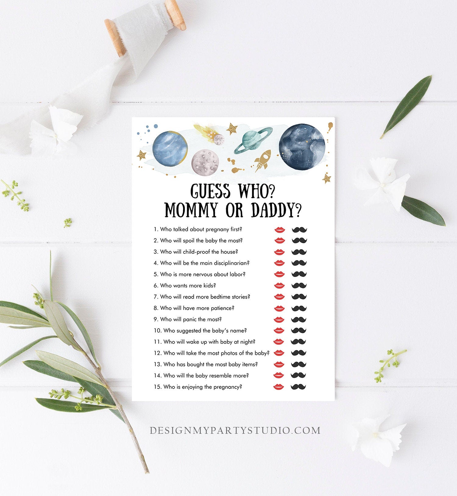 Editable Mommy or Daddy Baby Shower Game Guess Who Outer Space Planets Houston We Have a Boy Rocket Activity Corjl Template Printable 0357