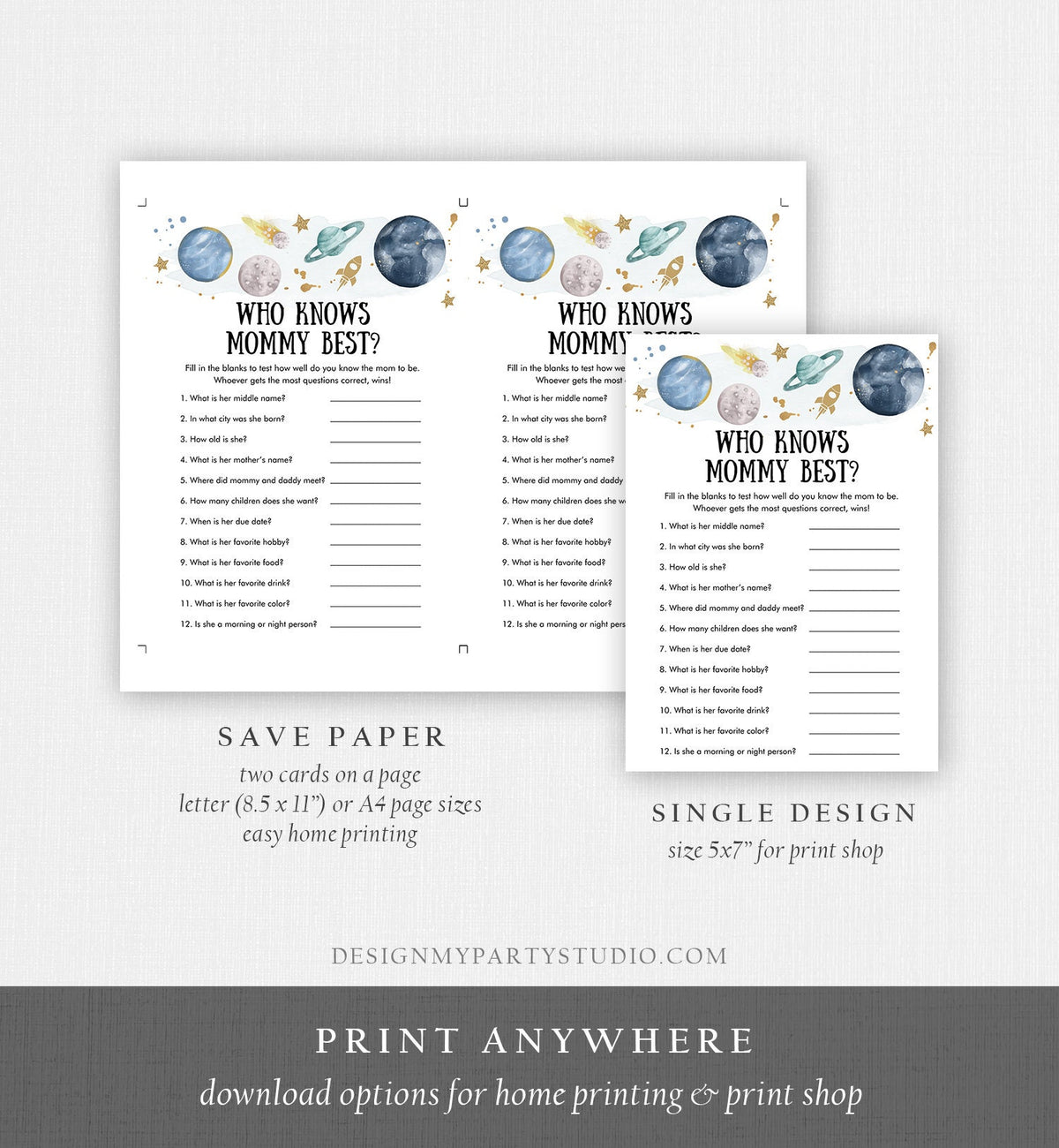 Editable Who Knows Mommy Best Baby Shower Game Outer Space Planets Houston We Have a Boy Rocket Activity Digital Template Printable 0357