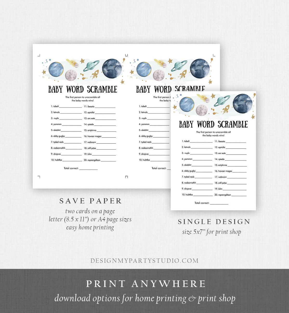 Editable Word Scramble Baby Shower Game Word Search Outer Space Planets Houston We Have a Boy Rocket Activity Corjl Template Printable 0357