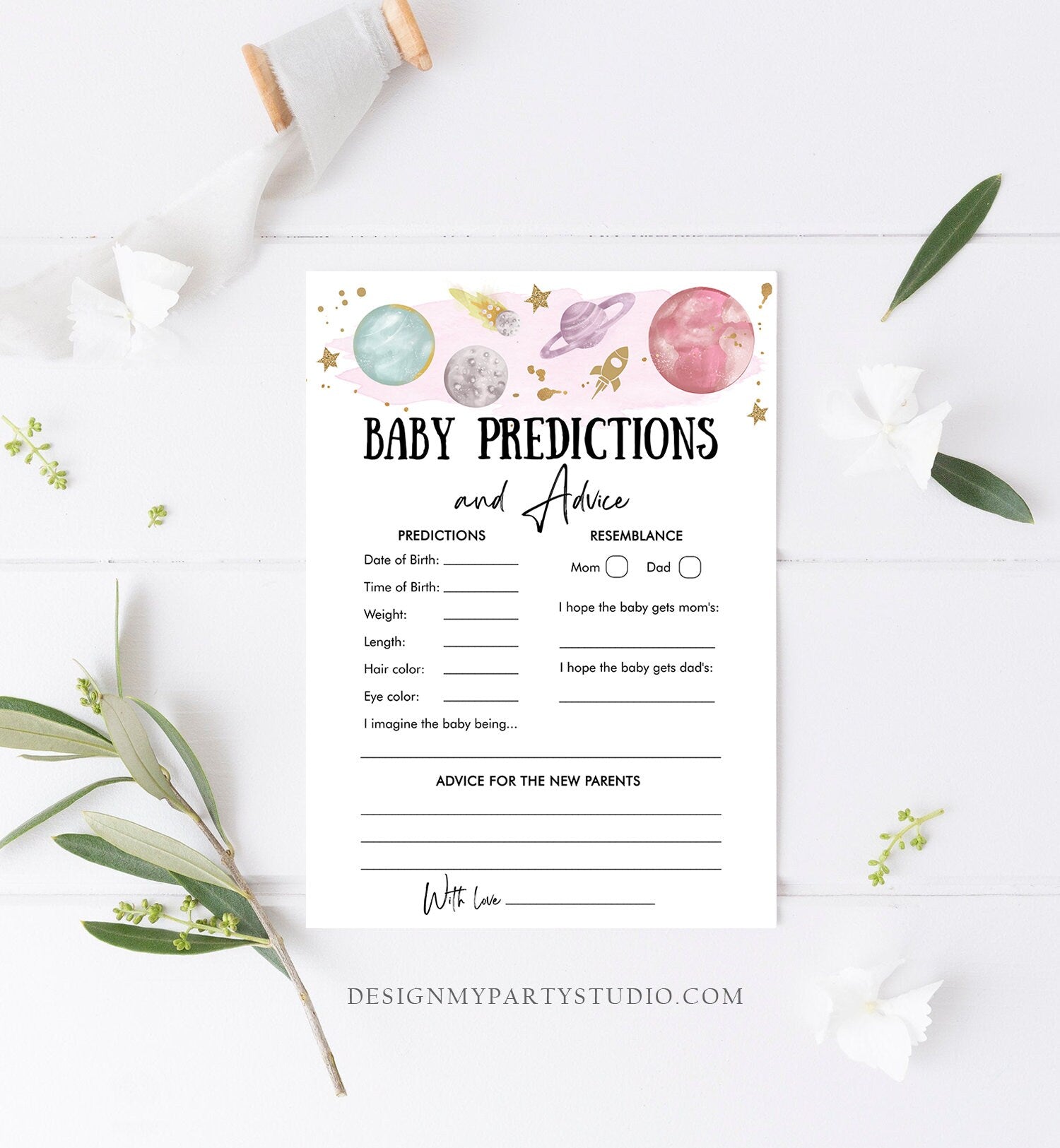 Editable Baby Predictions Baby Shower Game Advice Outer Space Planets Houston We Have a Girl Rocket Activity Corjl Template Printable 0357