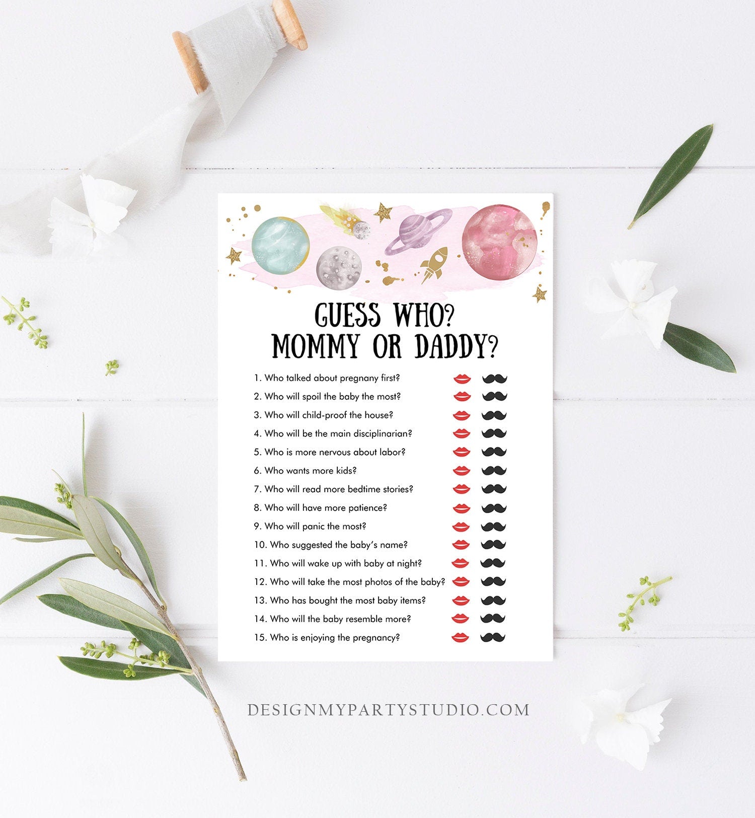 Editable Mommy or Daddy Baby Shower Game Guess Who Outer Space Planets Houston We Have a Girl Activity Digital Template Printable 0357
