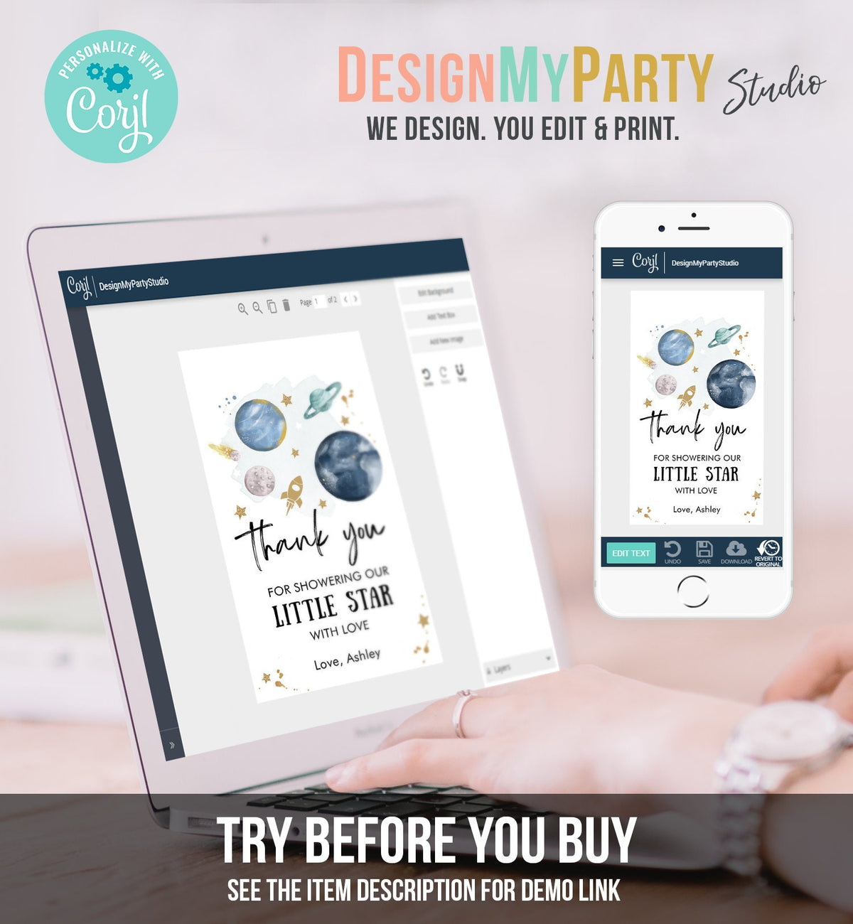 Editable Outer Space Favor Tags Space Baby Shower Thank You Boy Little Star Gift Around Sun Planets Download Corjl Template PRINTABLE 0357