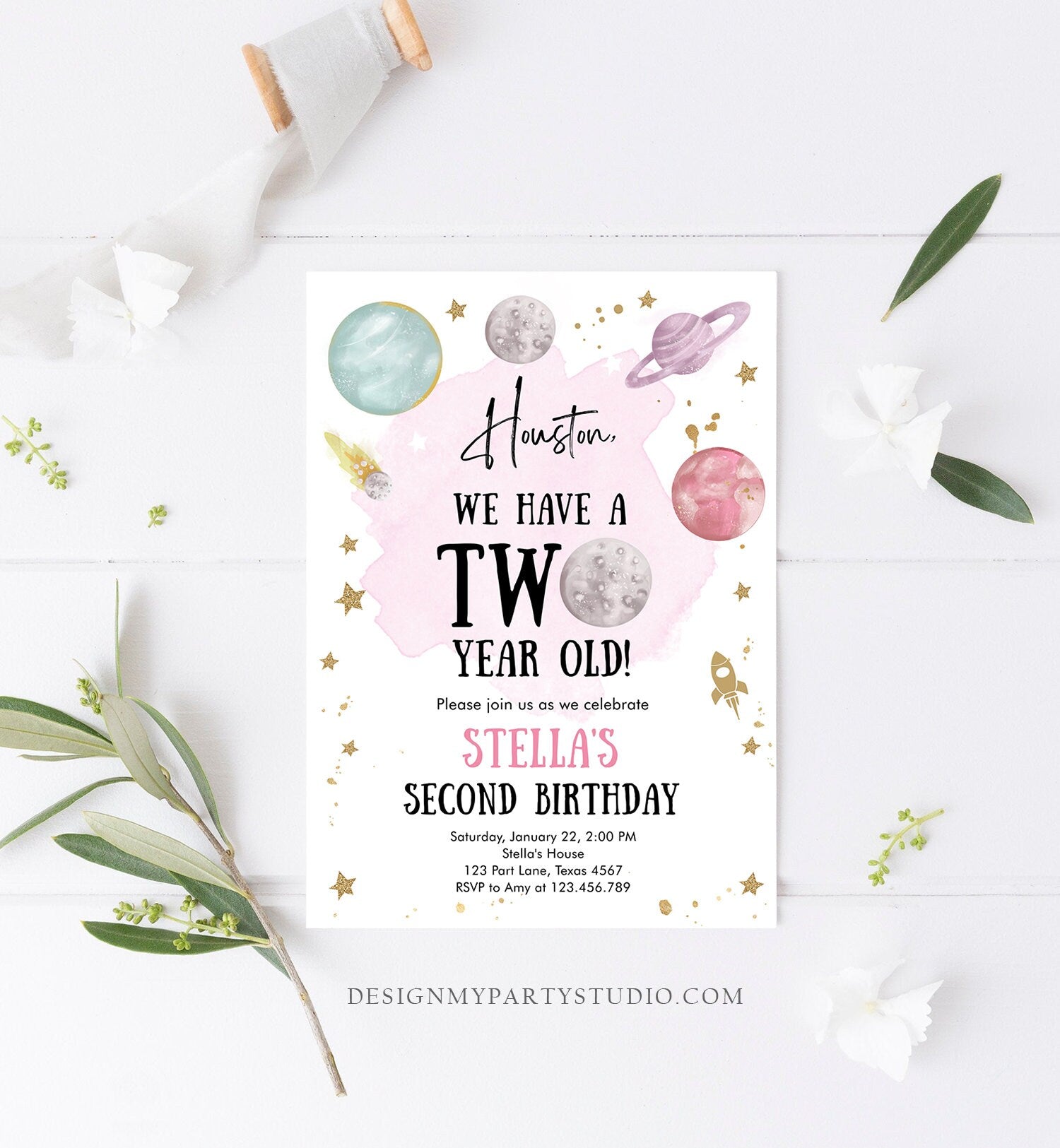 Editable Outer Space Second Birthday Invitation Galaxy Houston Two Year Old 2nd Birthday Girl Download Printable Template Digital Corjl 0357