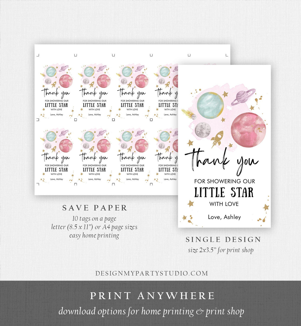 Editable Outer Space Favor Tag Space Baby Shower Thank You Girl Little Star Gift Around Sun Planets Digital Download Template Printable 0357