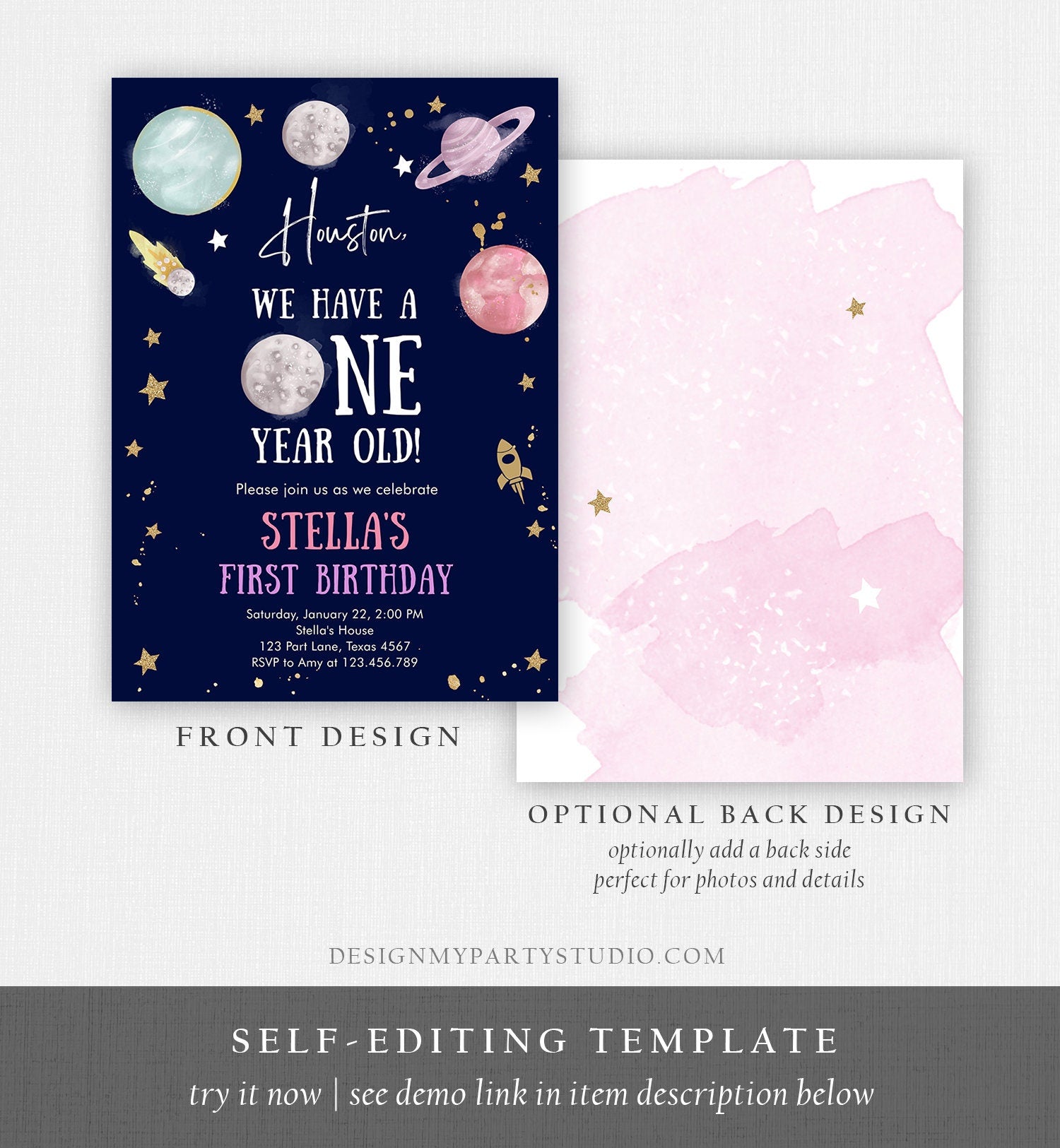 Editable Outer Space First Birthday Invitation Galaxy Houston First Trip Around the Sun One Digital Download Evite Template Printable 0357