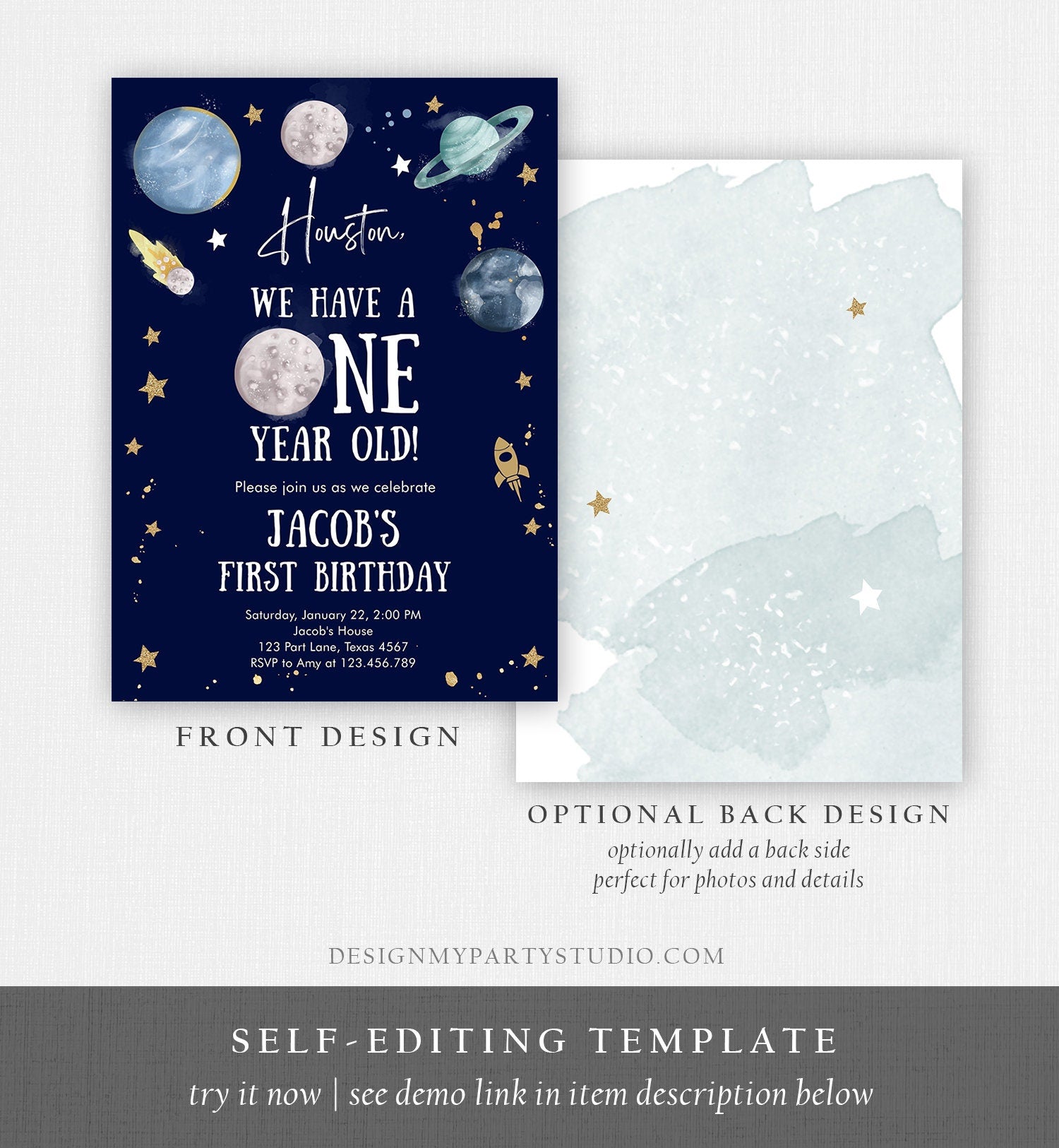 Editable Outer Space First Birthday Invitation Galaxy Houston First Trip Around the Sun One Digital Evite Template Printable 0357