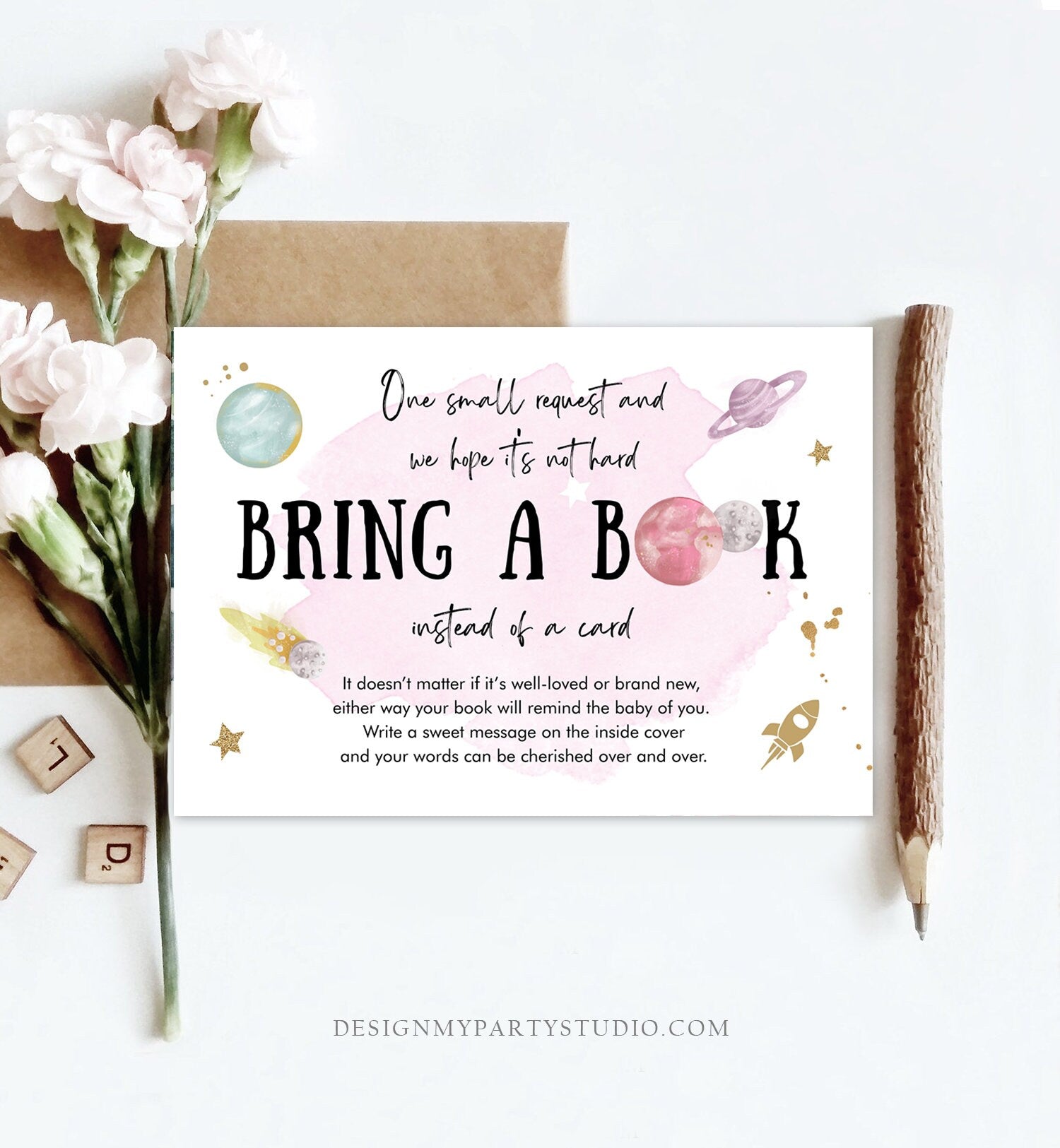 Editable Outer Space Bring a Book Card Baby Shower Space Astronaut Galaxy Watercolor Baby Girl Rocket Book Insert Corjl Template 0357