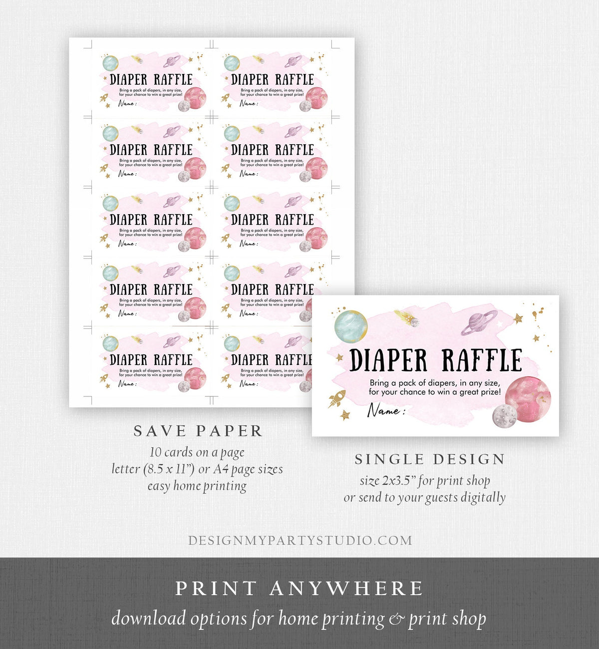 Editable Outer Space Diaper Raffle Ticket Space Baby Shower Girl Astronaut Planets Galaxy Registry Diaper Digital Template Printable 0357