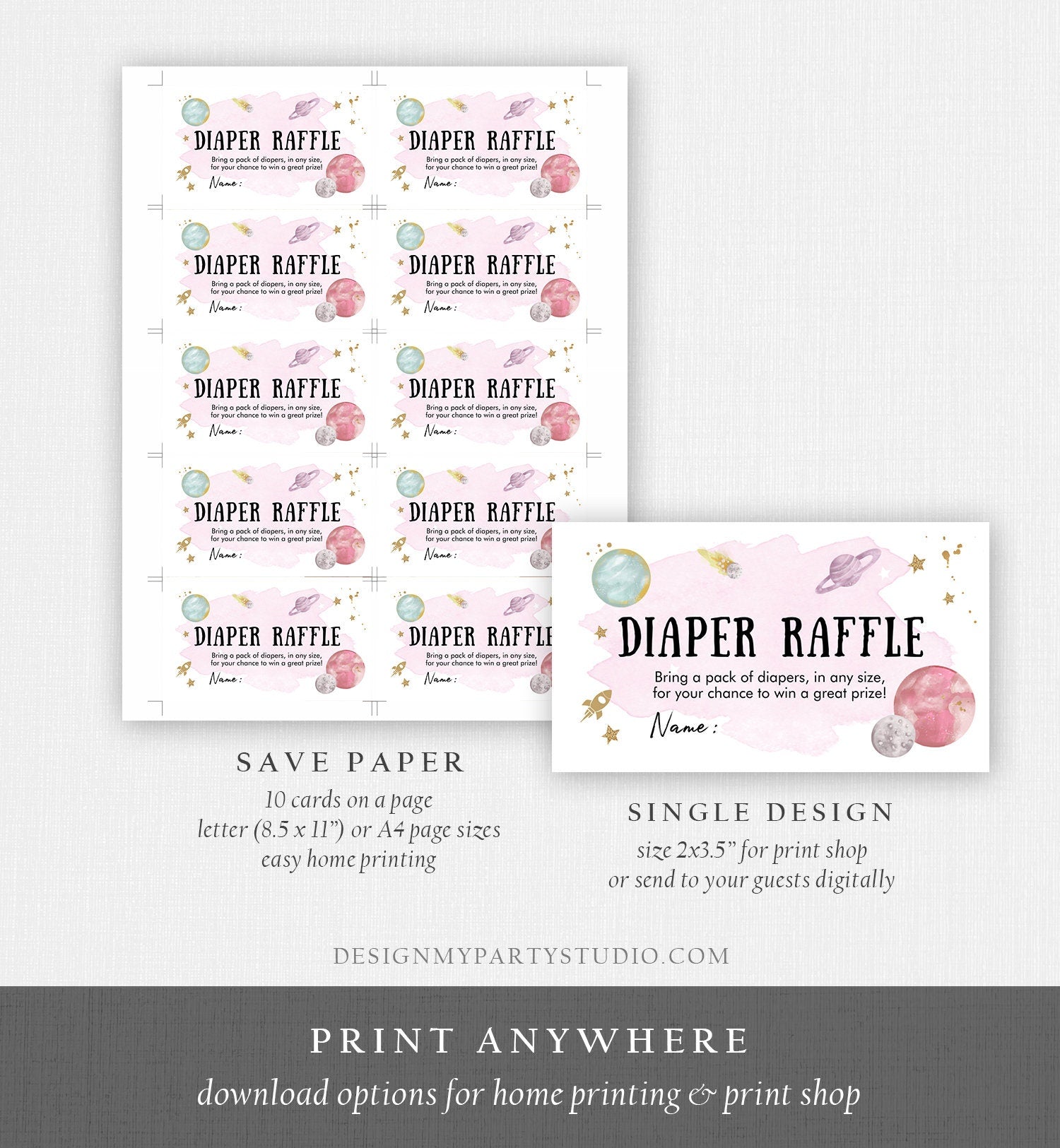 Editable Outer Space Diaper Raffle Ticket Space Baby Shower Girl Astronaut Planets Galaxy Registry Diaper Digital Template Printable 0357