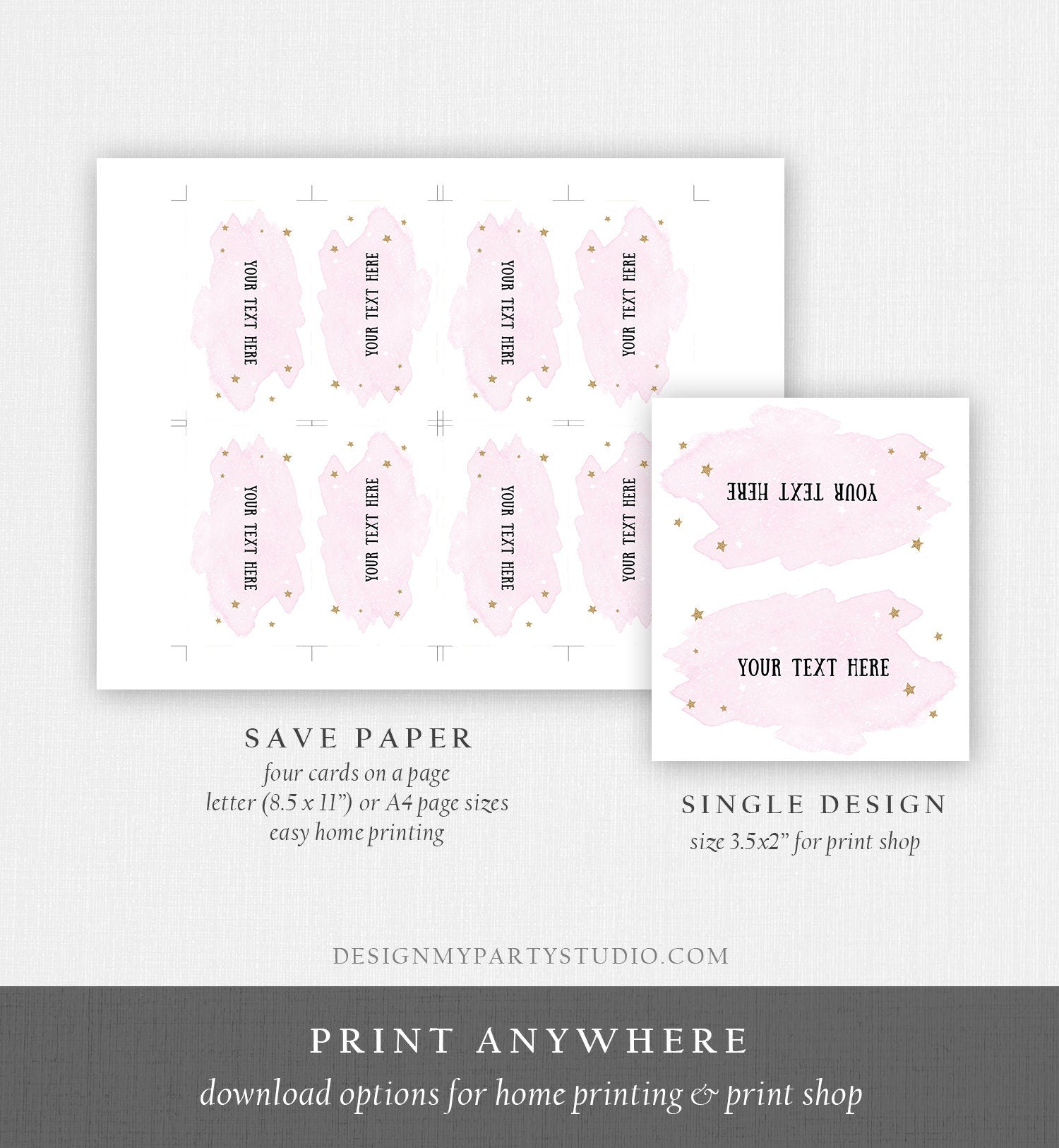 Editable Food Labels Outer Space Birthday Watercolor Food Labels Place Card Tent Card Escort Card Girl Pink Gold Star Template Corjl 0357