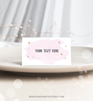 Editable Food Labels Outer Space Birthday Watercolor Food Labels Place Card Tent Card Escort Card Girl Pink Gold Star Template Corjl 0357