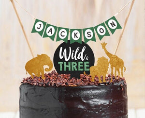 Wild and Thee Cake Topper Safari Animals Third Birthday 3rd Party Animals Name Banner Black Gold Jungle Party Digital Printable 0016