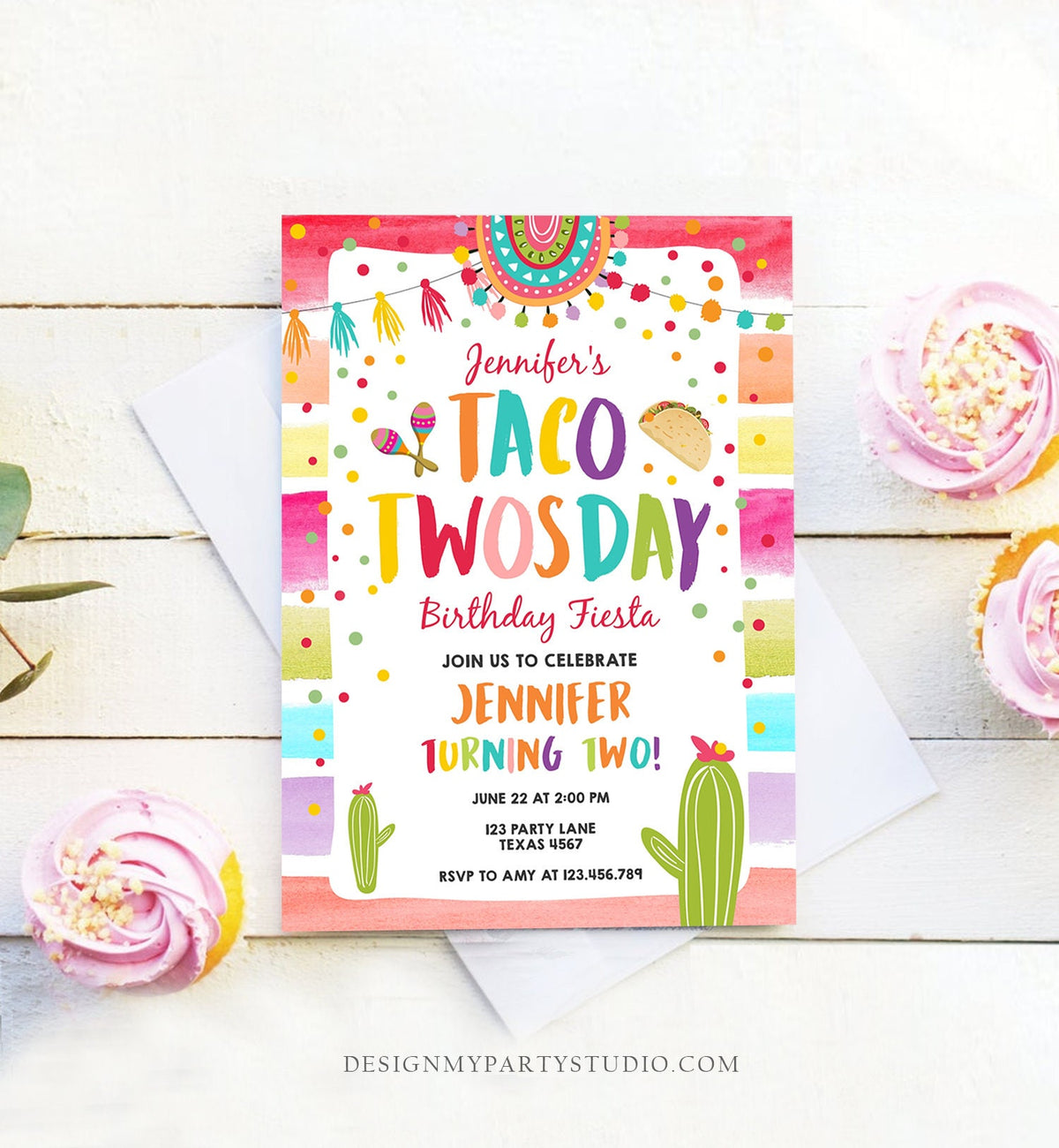 Editable Taco Twosday Fiesta Birthday Invitation Second Birthday 2nd Cactus Mexican Tacos Girl Cactus Download Corjl Template Printable 0134