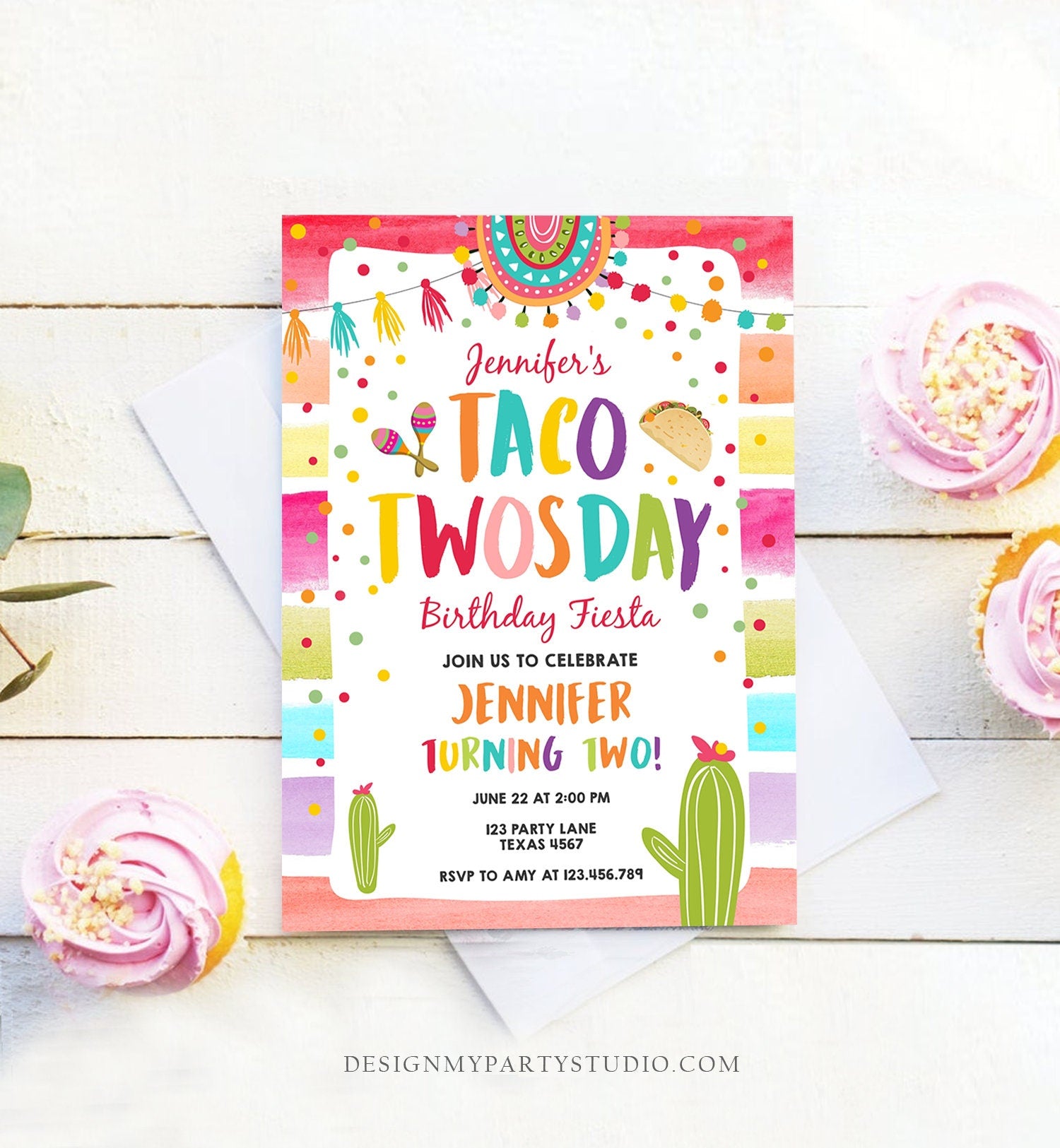 Editable Taco Twosday Fiesta Birthday Invitation Second Birthday 2nd Cactus Mexican Tacos Girl Cactus Download Corjl Template Printable 0134