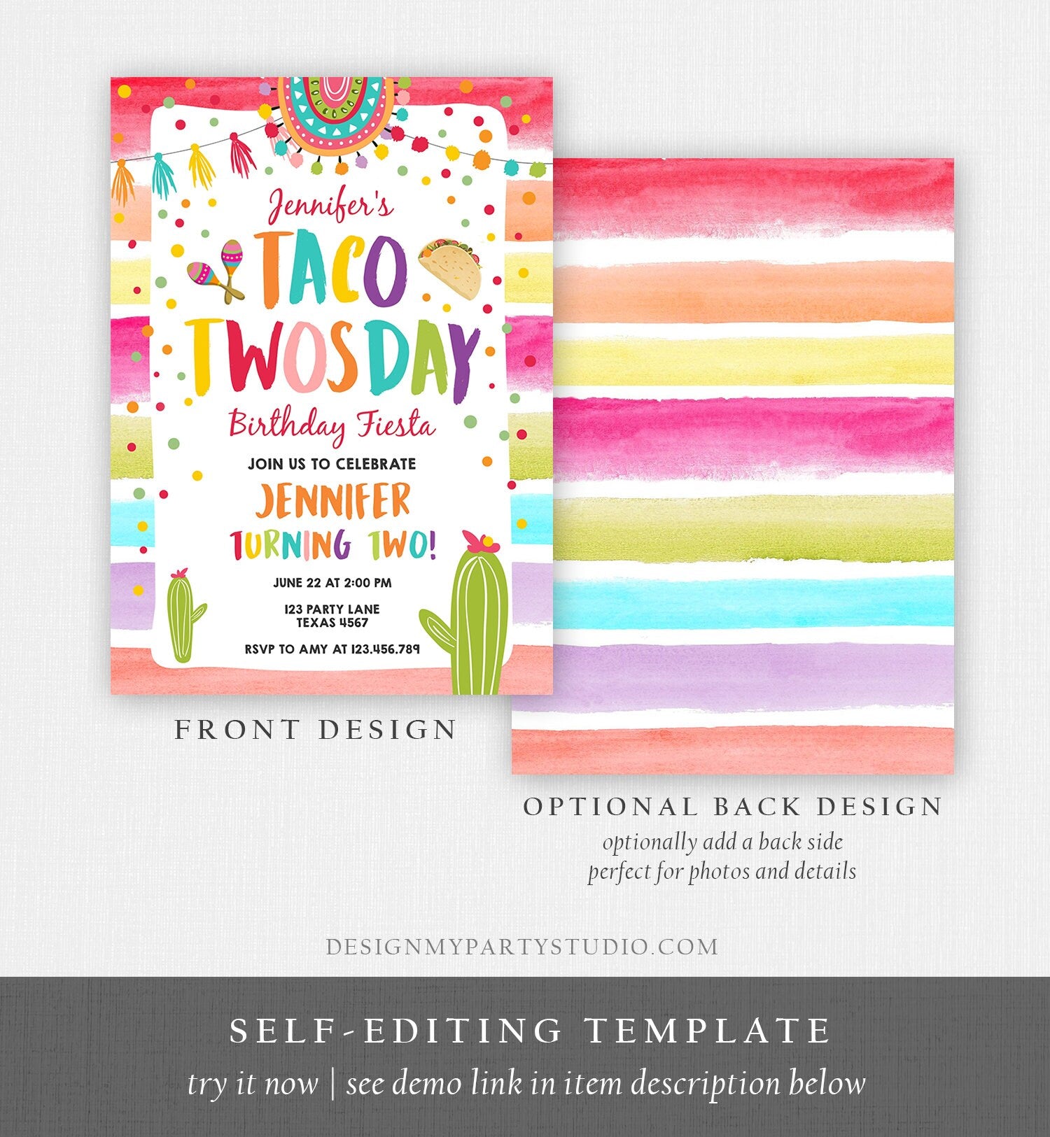 Editable Taco Twosday Fiesta Birthday Invitation Second Birthday 2nd Cactus Mexican Tacos Girl Cactus Download Corjl Template Printable 0134
