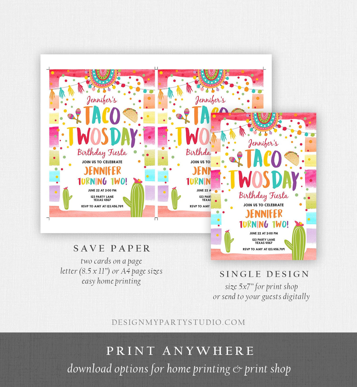 Editable Taco Twosday Fiesta Birthday Invitation Second Birthday 2nd Cactus Mexican Tacos Girl Cactus Download Corjl Template Printable 0134