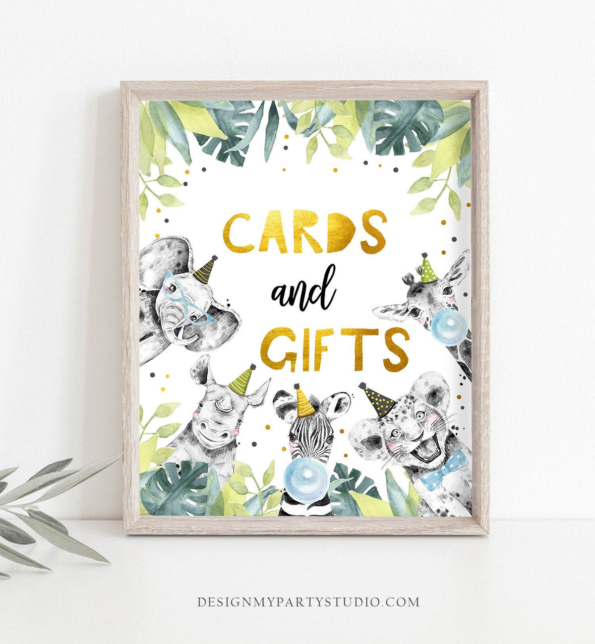 Cards and Gifts Birthday Sign Party Animals Wild Safari Animals Thank You Table Gift Sign Zoo Boy Gold Green Decor Download Printable 0322