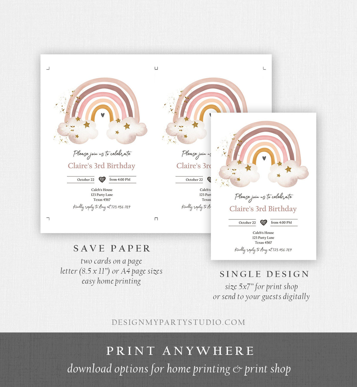 Editable Rainbow Birthday Invitation Rustic Boho Magical Rainbow Pastel 1st Girls Party Digital Download Evite Template Printable 0387