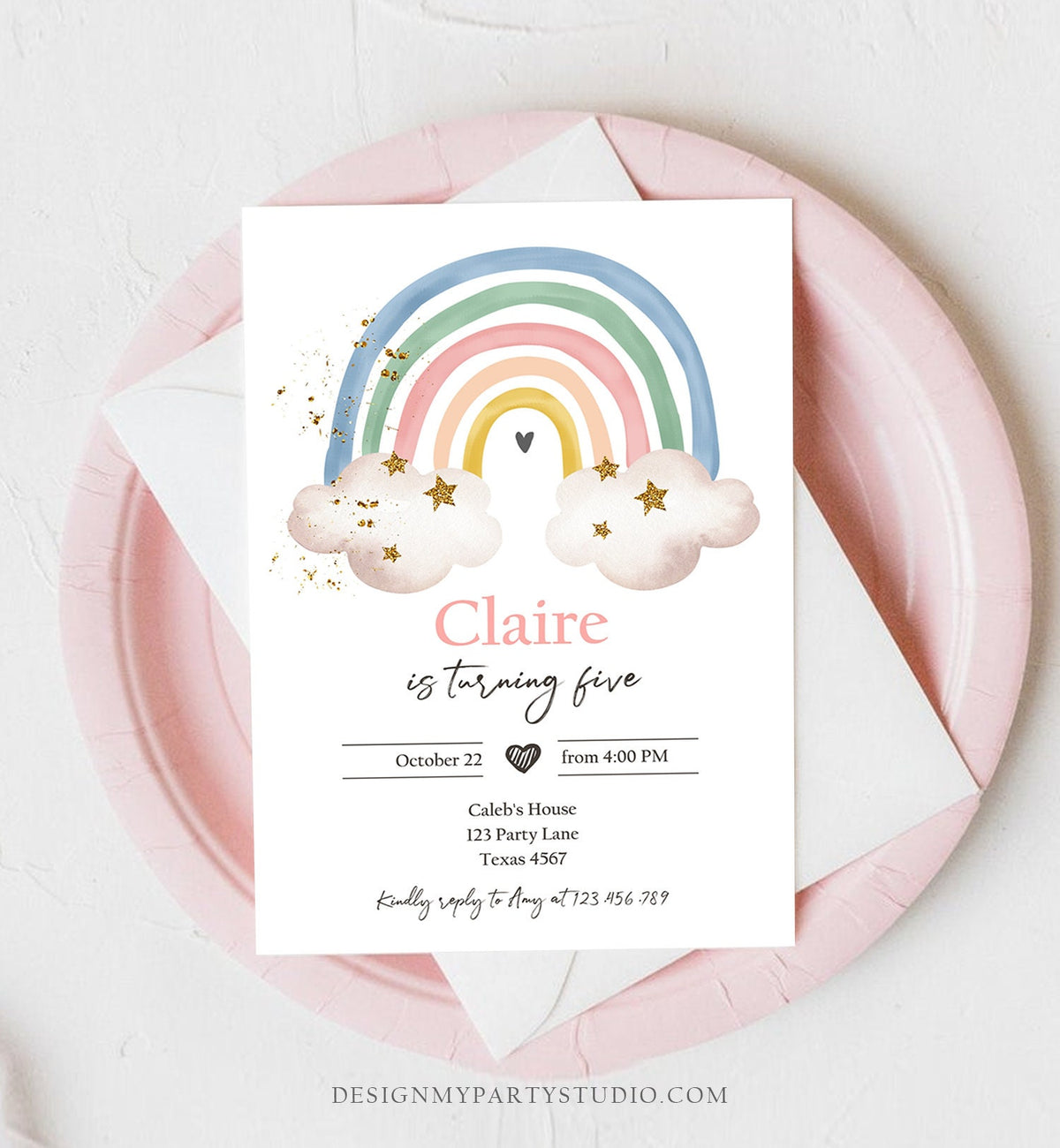 Editable Rainbow Birthday Invitation Pastel Rainbow Invite Girl Over The Rainbow Party Modern Boho Printable Download Digital Template 0387