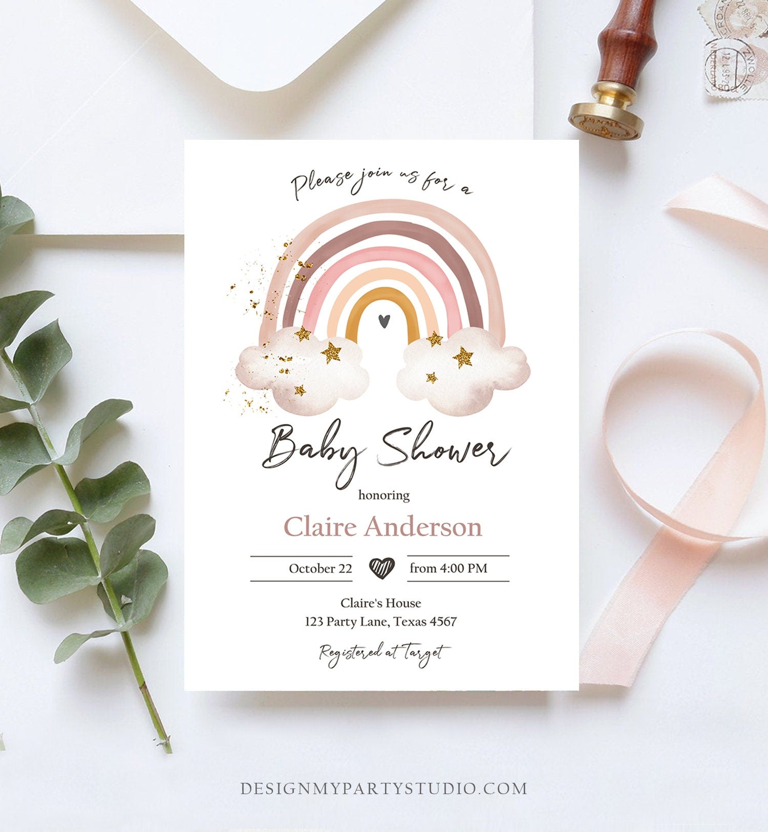 Editable Rainbow Baby Shower Invitation Rainbow Invitation Gender Neutral Pastel Boho Bohemian Digital Download Template Printable 0387