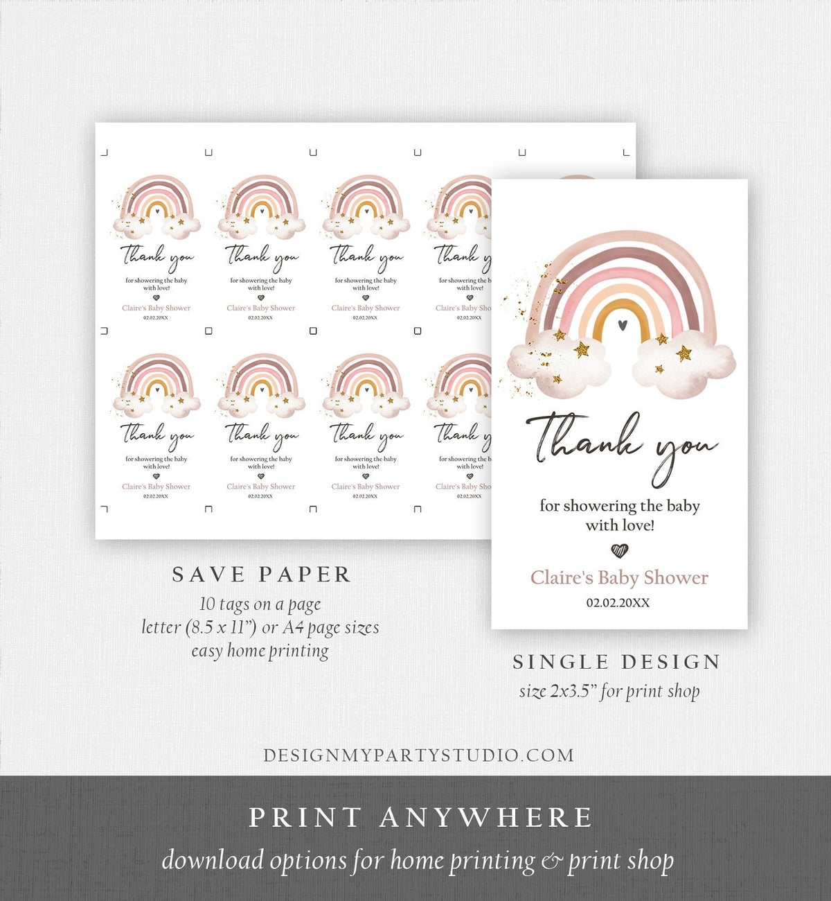 Editable Rainbow Favor Tags Rainbow Baby Shower Thank you tags Boho Rainbow Tags Bohemian Neutral Modern Digital Template Printable 0387