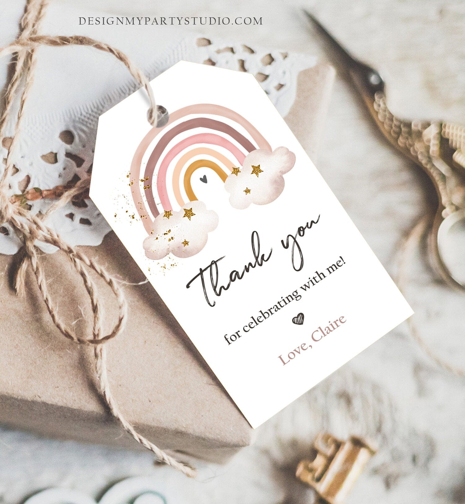 Editable Rainbow Favor Tag Rainbow Birthday Party Thank You Boho Rainbow Bohemian Neutral Modern Digital Download Template Printable 0387