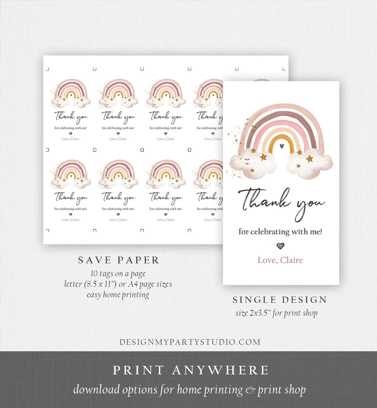 Editable Rainbow Favor Tag Rainbow Birthday Party Thank You Boho Rainbow Bohemian Neutral Modern Digital Download Template Printable 0387