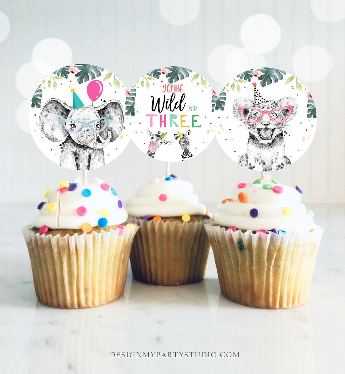Party Animals Cupcake Toppers Favor Tags Birthday Party Decoration Safari Animals Zoo Young Wild and Three download Digital PRINTABLE 0322