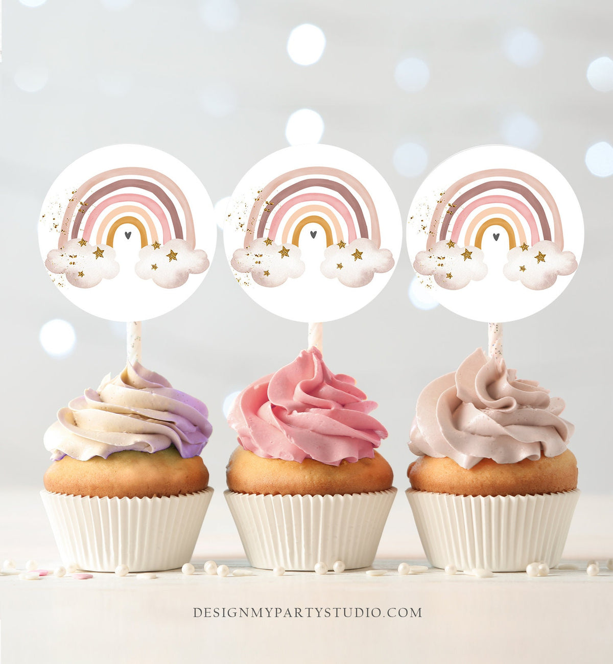 Rainbow Cupcake Toppers Favor Tag Boho Rainbow Birthday Rainbow Party Decor Shower Bohemian Rainbow Digital Download Printable 0387