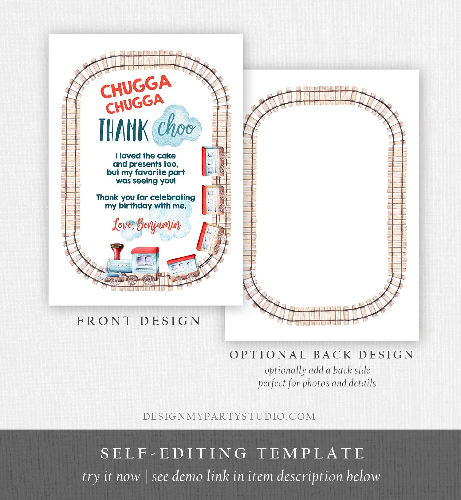 Editable Train Thank you Card Railroad Birthday Boy Railroad Thank You Card Vintage Train Digital Download Evite Template Printable 0149