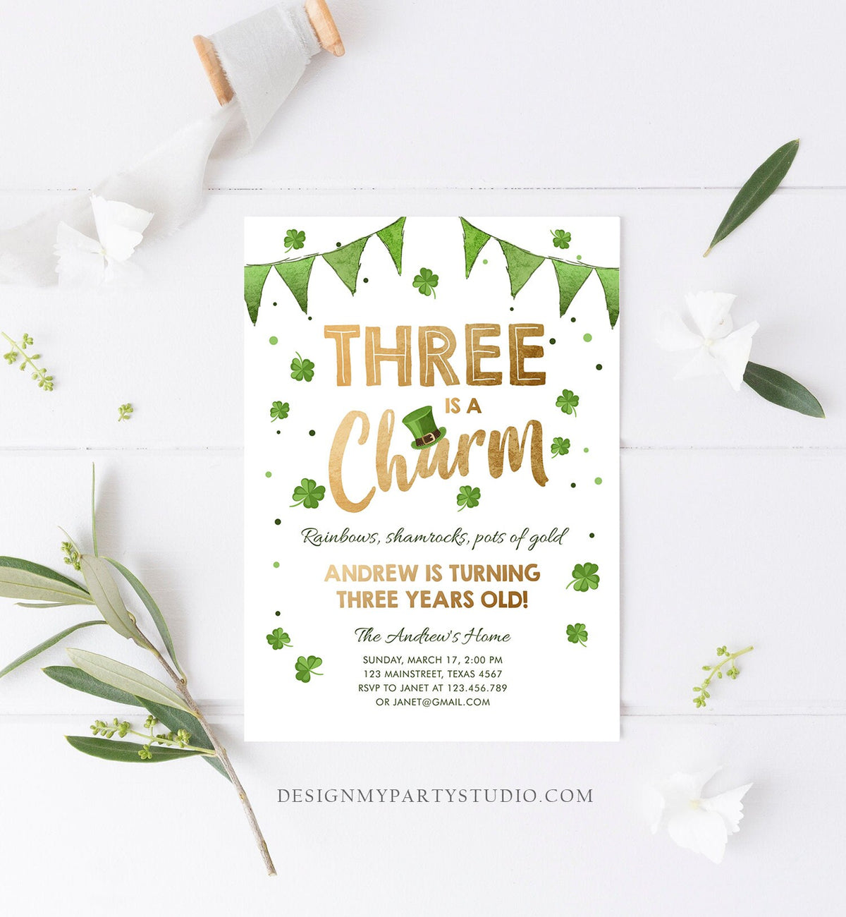 Editable St. Patrick&#39;s Day Birthday Invitation Three is a Charm Shamrock Clover St Patricks Day Third Birthday 3rd Boy Corjl Printable 0115