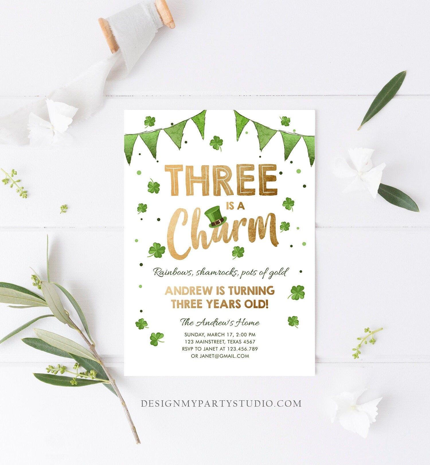 Editable St. Patrick's Day Birthday Invitation Three is a Charm Shamrock Clover St Patricks Day Third Birthday 3rd Boy Corjl Printable 0115