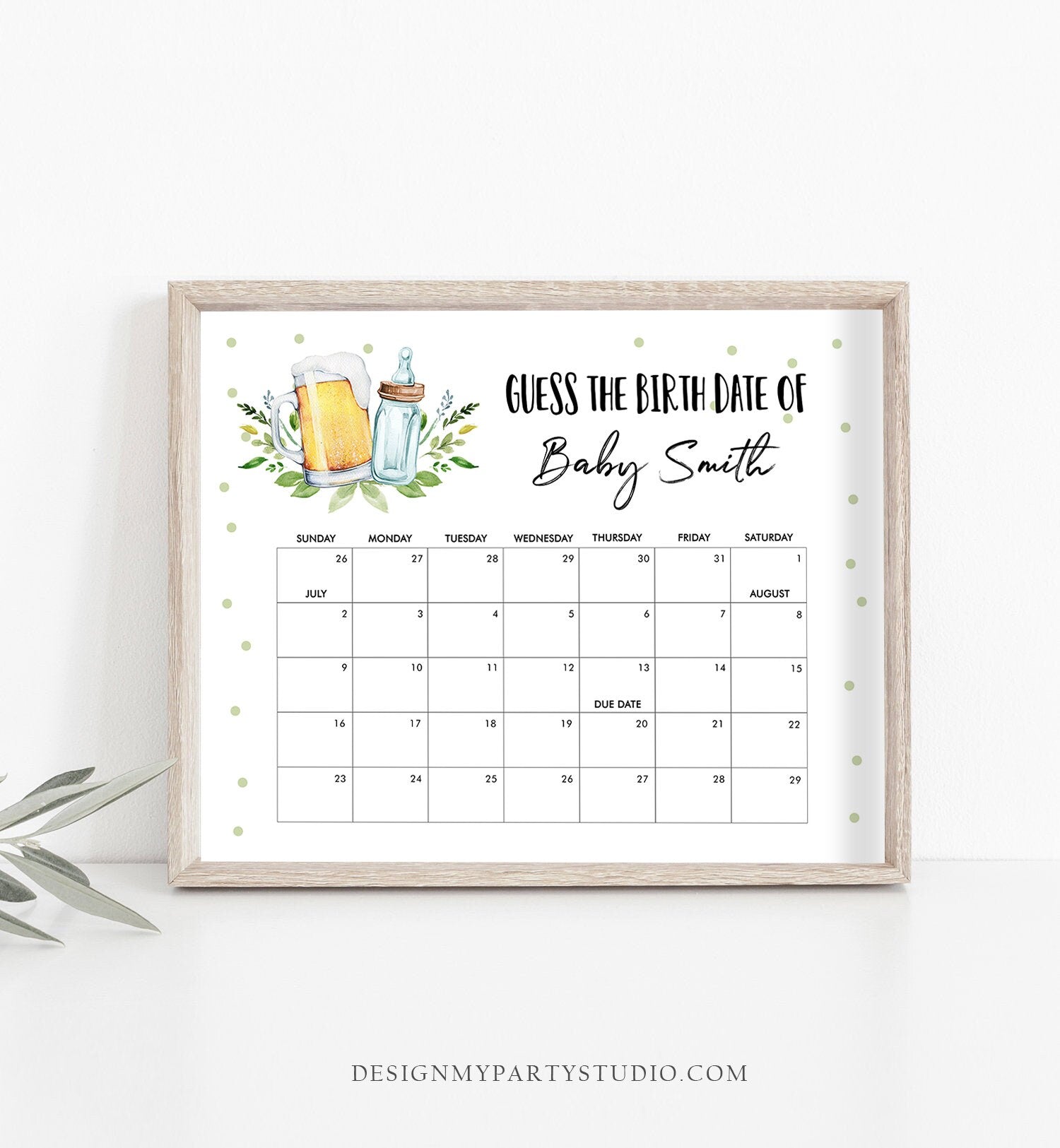 Editable Guess the Birth Date Baby Shower Game Guess Birthday Baby is Brewing Baby Shower Beers and Bottles Corjl Template Printable 0190