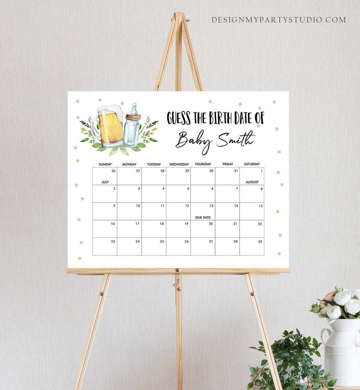 Editable Guess the Birth Date Baby Shower Game Guess Birthday Baby is Brewing Baby Shower Beers and Bottles Corjl Template Printable 0190