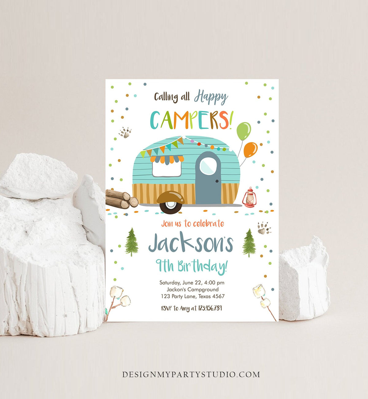 Editable Happy Camper Birthday Invitation Boy Birthday Camping Party S&#39;more Forest Glamping Download Printable Template Digital Corjl 0342