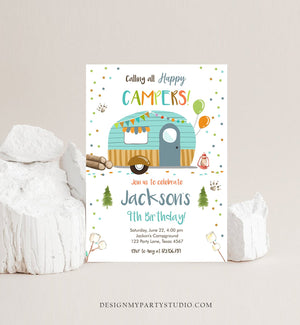 Editable Happy Camper Birthday Invitation Boy Birthday Camping Party S'more Forest Glamping Download Printable Template Digital Corjl 0342