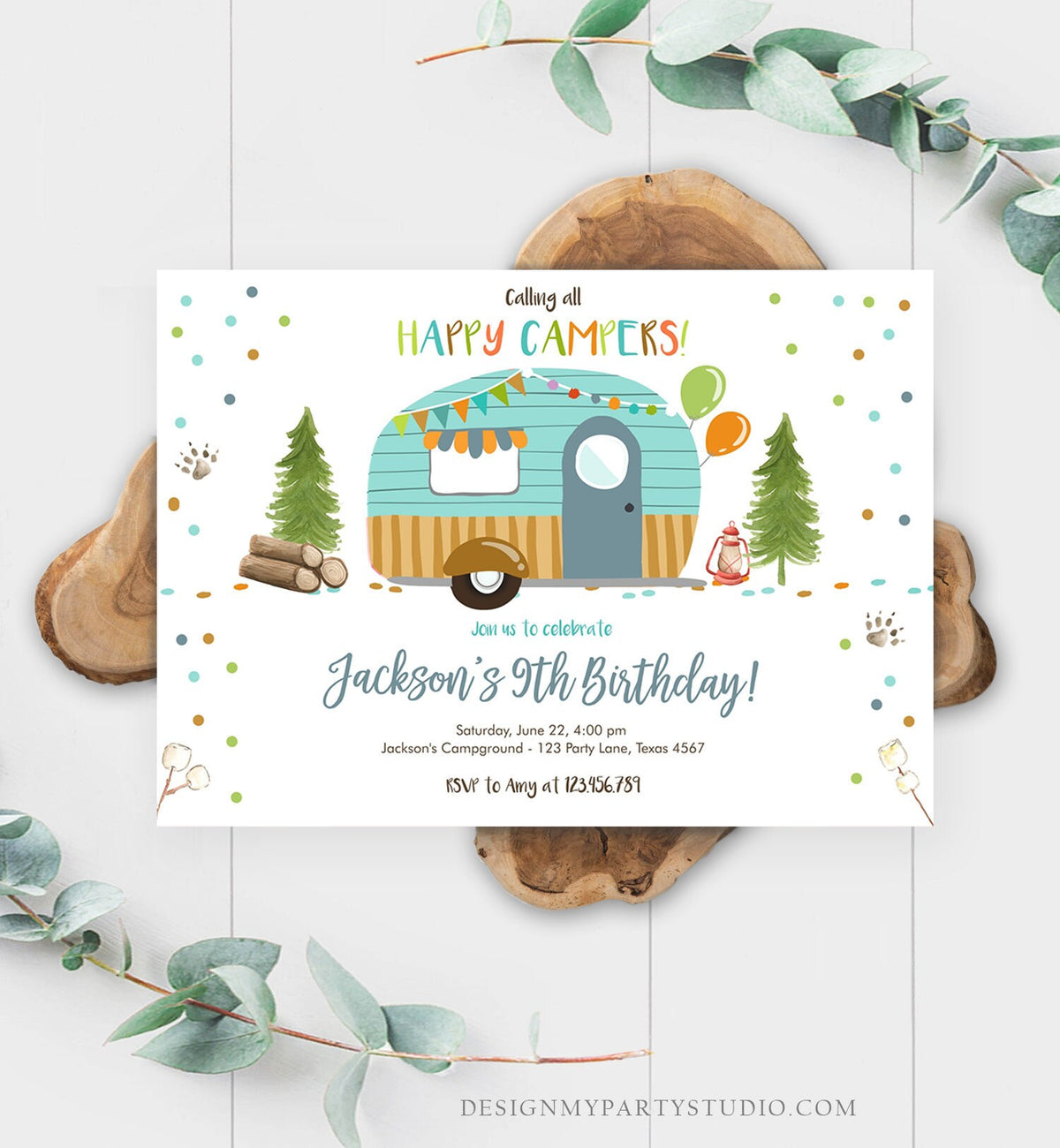 Editable Happy Camper Birthday Invitation Boy Birthday Camping Party S&#39;more Forest Glamping Download Printable Template Digital Corjl 0342