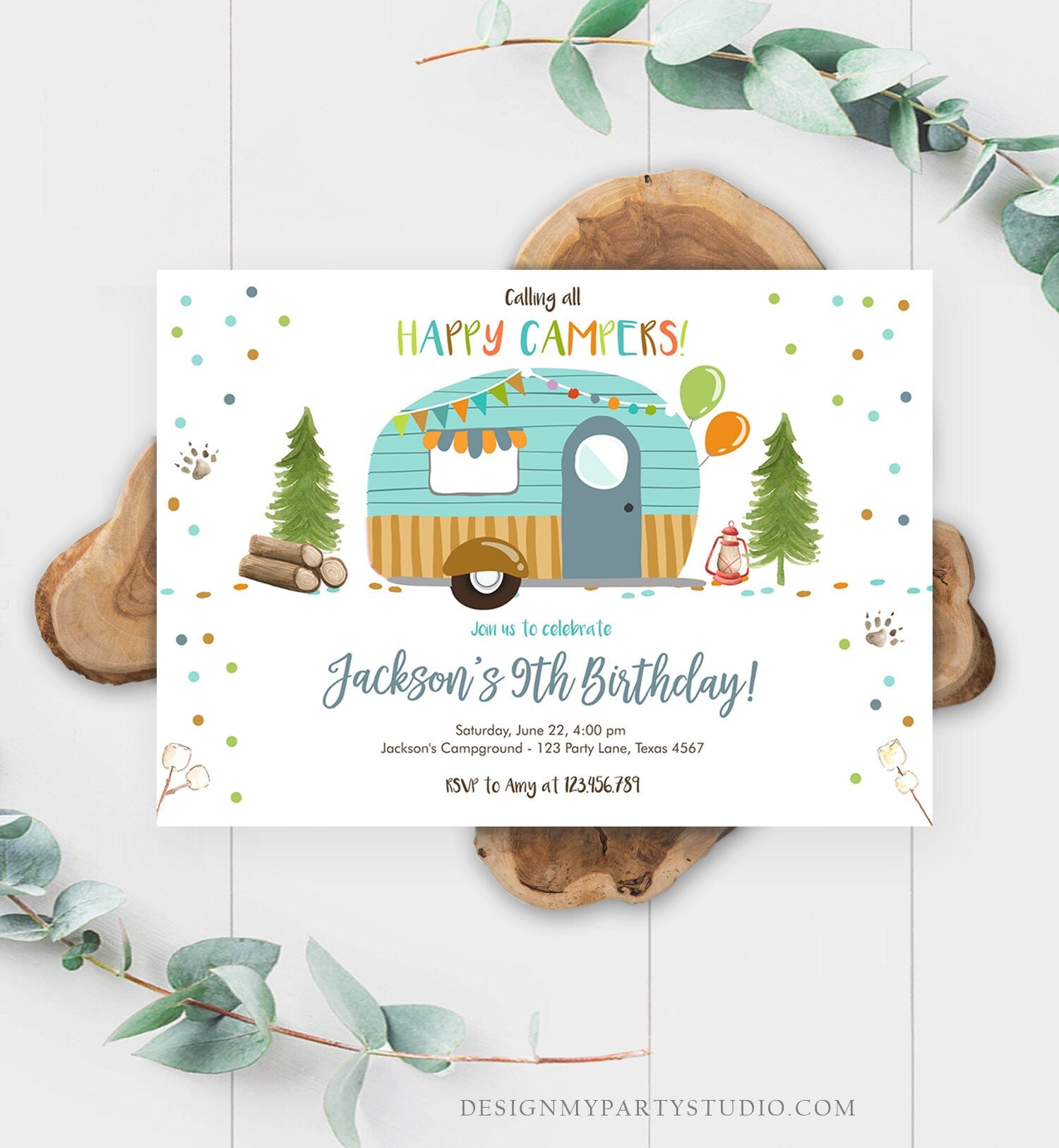 Editable Happy Camper Birthday Invitation Boy Birthday Camping Party S'more Forest Glamping Download Printable Template Digital Corjl 0342