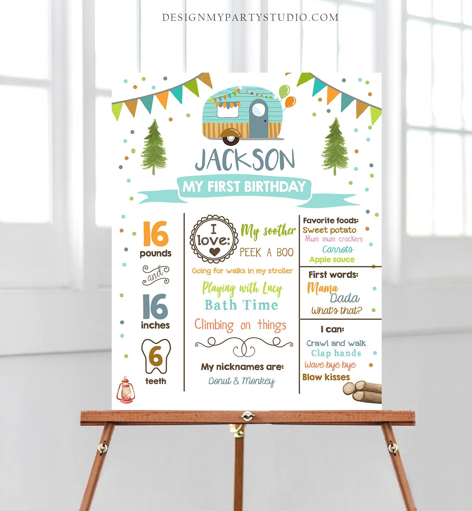Editable Happy Camper Birthday Milestones Sign ANY AGE Camper Boy Glamping Party Decoration Adventure Digital Template Printable 0342
