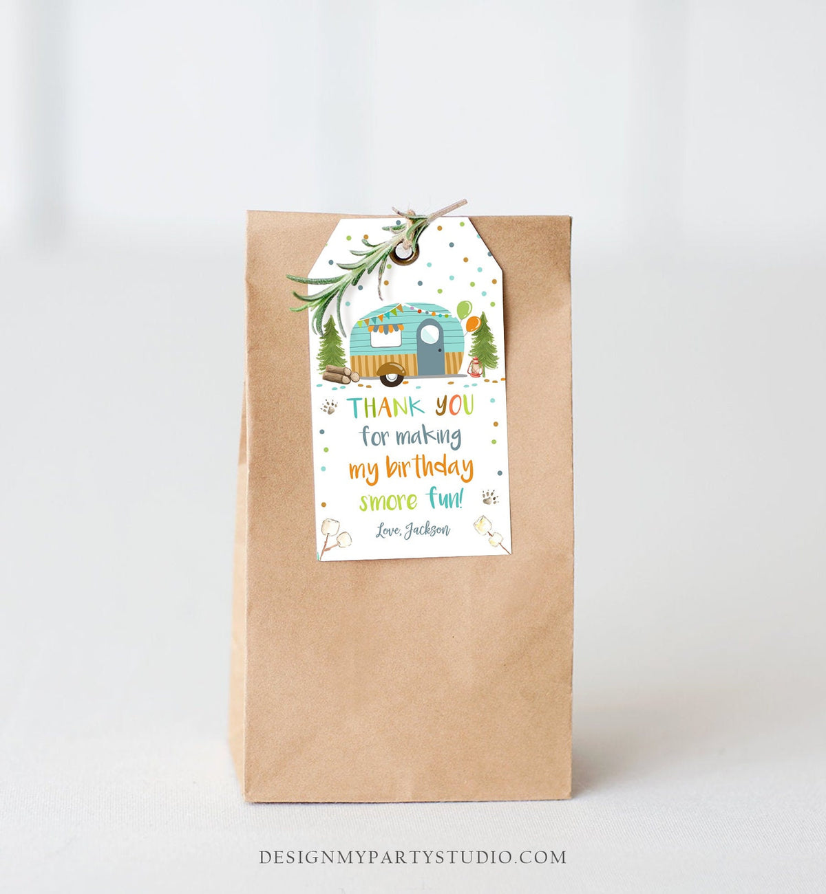 Editable S&#39;more Fun Tags Thank you Happy Camper Birthday Party Favor Tags Smore Fun Camping Boy Adventure Template Digital Printable 0342