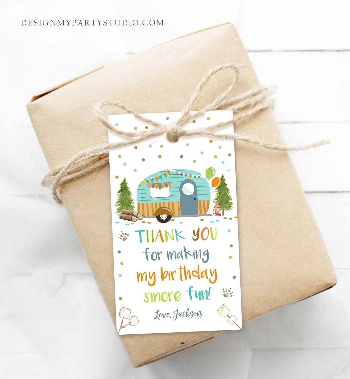 Editable S&#39;more Fun Tags Thank you Happy Camper Birthday Party Favor Tags Smore Fun Camping Boy Adventure Template Digital Printable 0342