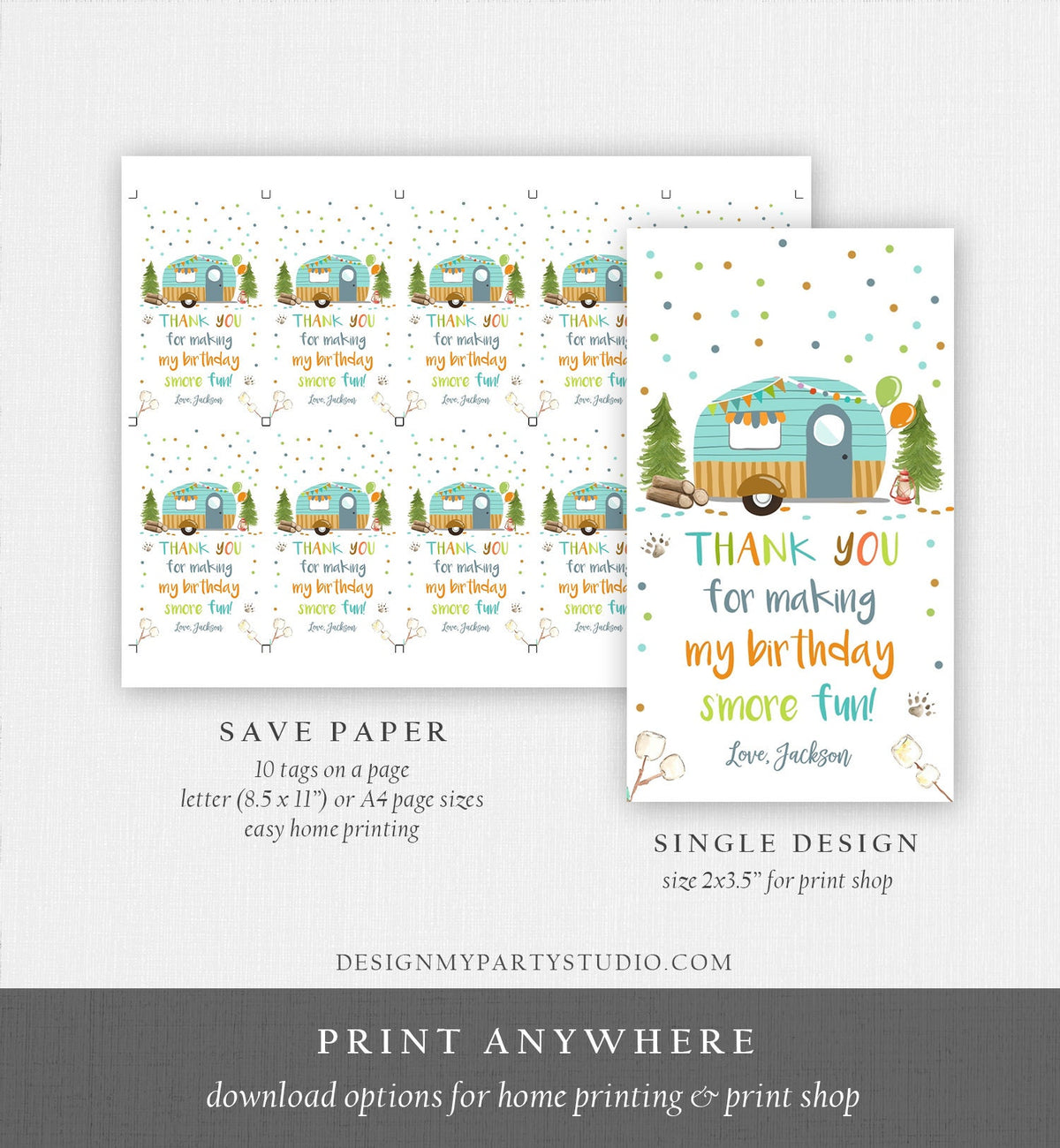 Editable S&#39;more Fun Tags Thank you Happy Camper Birthday Party Favor Tags Smore Fun Camping Boy Adventure Template Digital Printable 0342