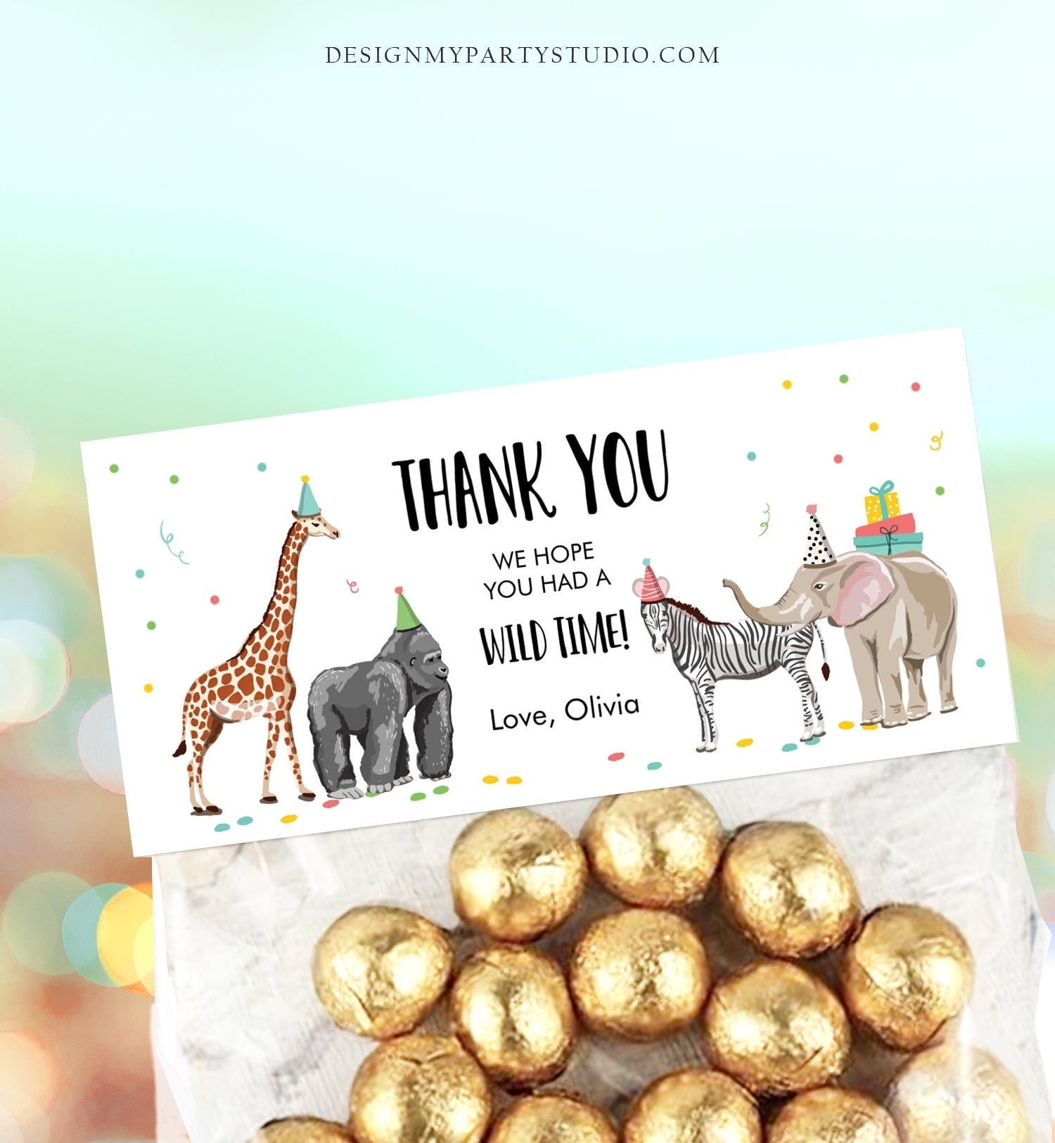 Editable Party Animals Treat Bag Toppers Safari Animals Birthday Thank You Wild One Favor Bag Zoo Wild Time Corjl Template Printable 0142