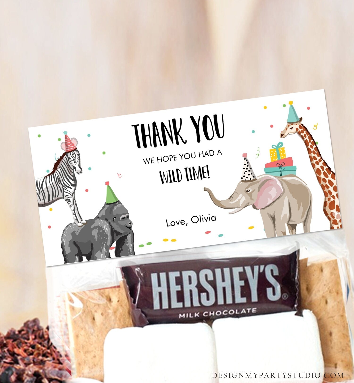 Editable Party Animals Treat Bag Toppers Safari Animals Birthday Thank You Wild One Favor Bag Zoo Wild Time Corjl Template Printable 0142