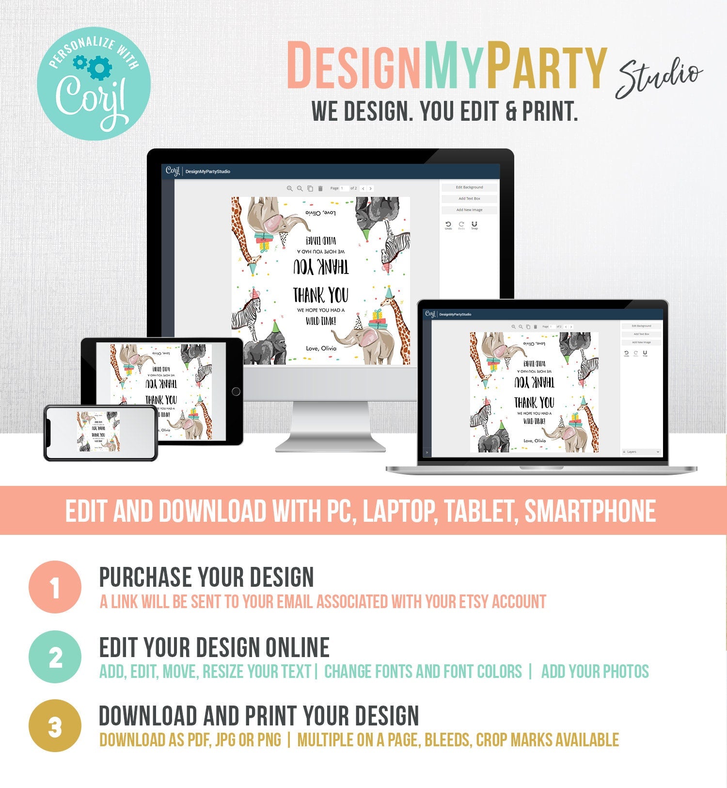 Editable Party Animals Treat Bag Toppers Safari Animals Birthday Thank You Wild One Favor Bag Zoo Wild Time Corjl Template Printable 0142