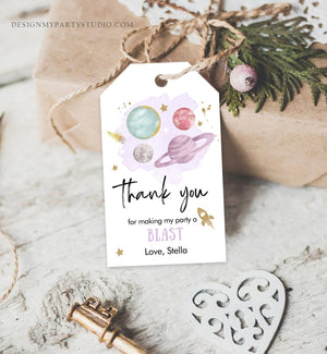 Editable Outer Space Favor Tags Space Birthday Thank you Label Galaxy Gift Trip Around the Sun Planets Purple Template Corjl PRINTABLE 0357